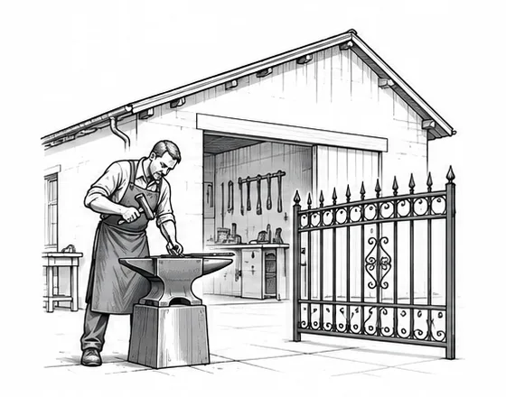 Illustration: Ein Schmied arbeitet am Amboss vor der Schlosserei, daneben ein schmiedeeisernes Tor.