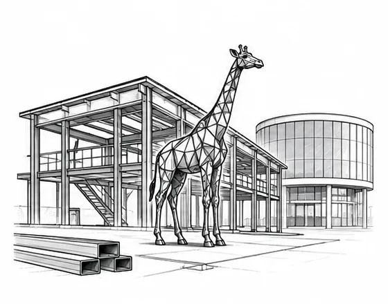 Illustration: Stahlbau-Skelett und eine Giraffenskulptur aus Metall vor einem Rundbau.