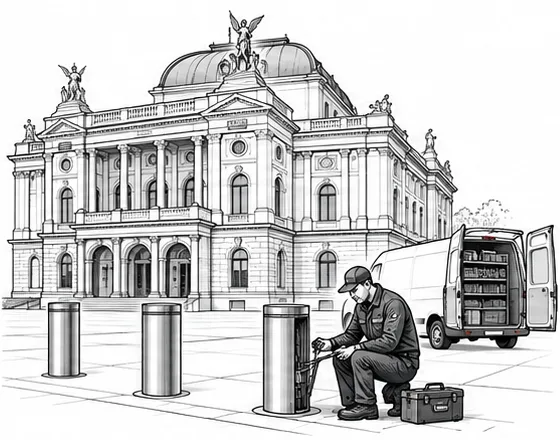 Illustration: Ein Servicetechniker wartet versenkbare Poller vor einem Opernhaus, daneben der Servicewagen.